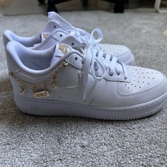 Nike White Air Force 1 Sneakers with Gold Charm - Picture 1 of 1